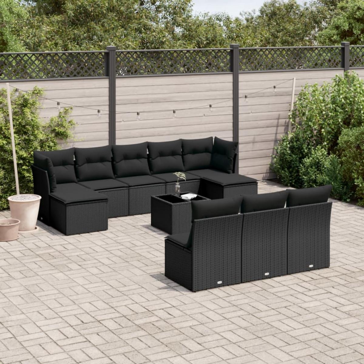 Set de sofás de jardín 11 pzas y cojines ratán sintético negro