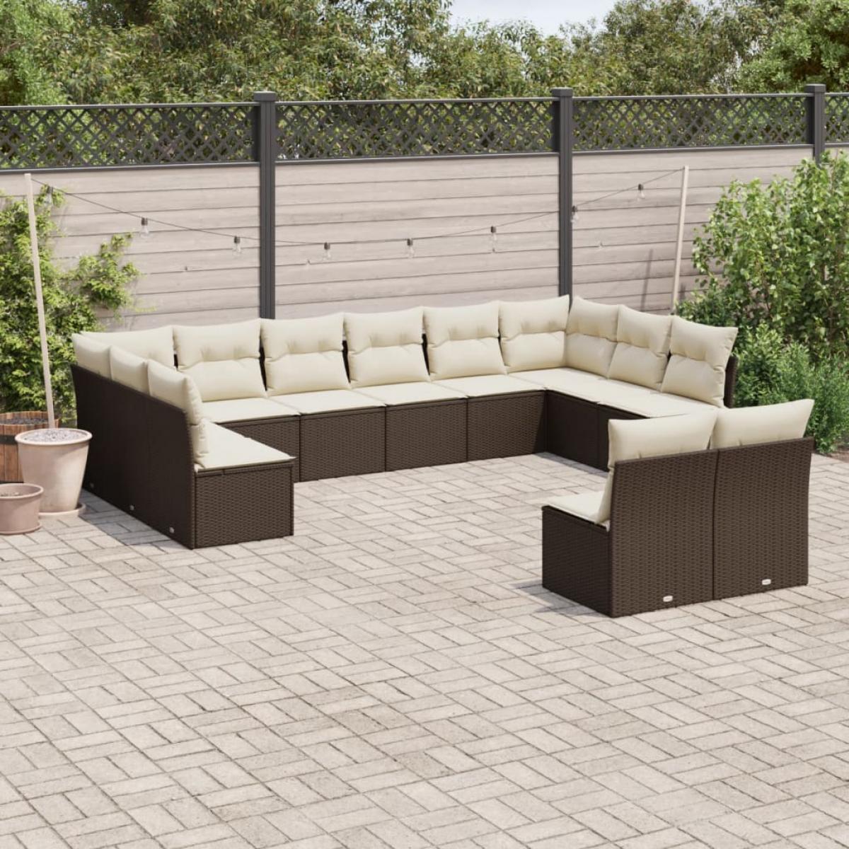 Set de sofás de jardín y cojines 12 pzas ratán sintético marrón