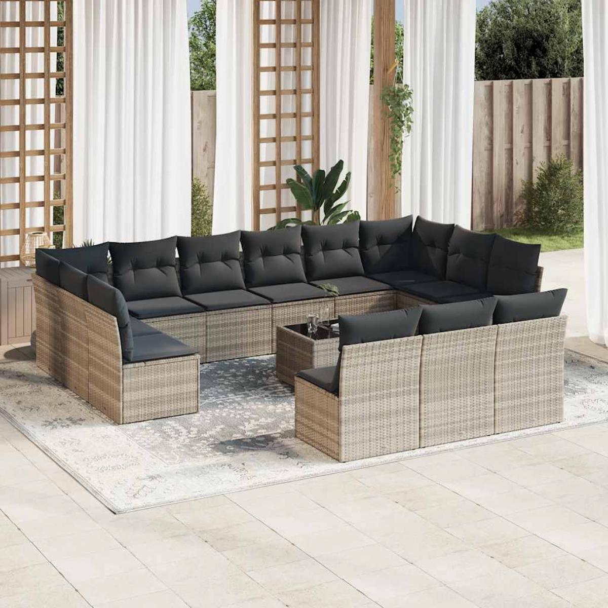 Set sofás jardín 14 pzas con cojines ratán sintético gris claro