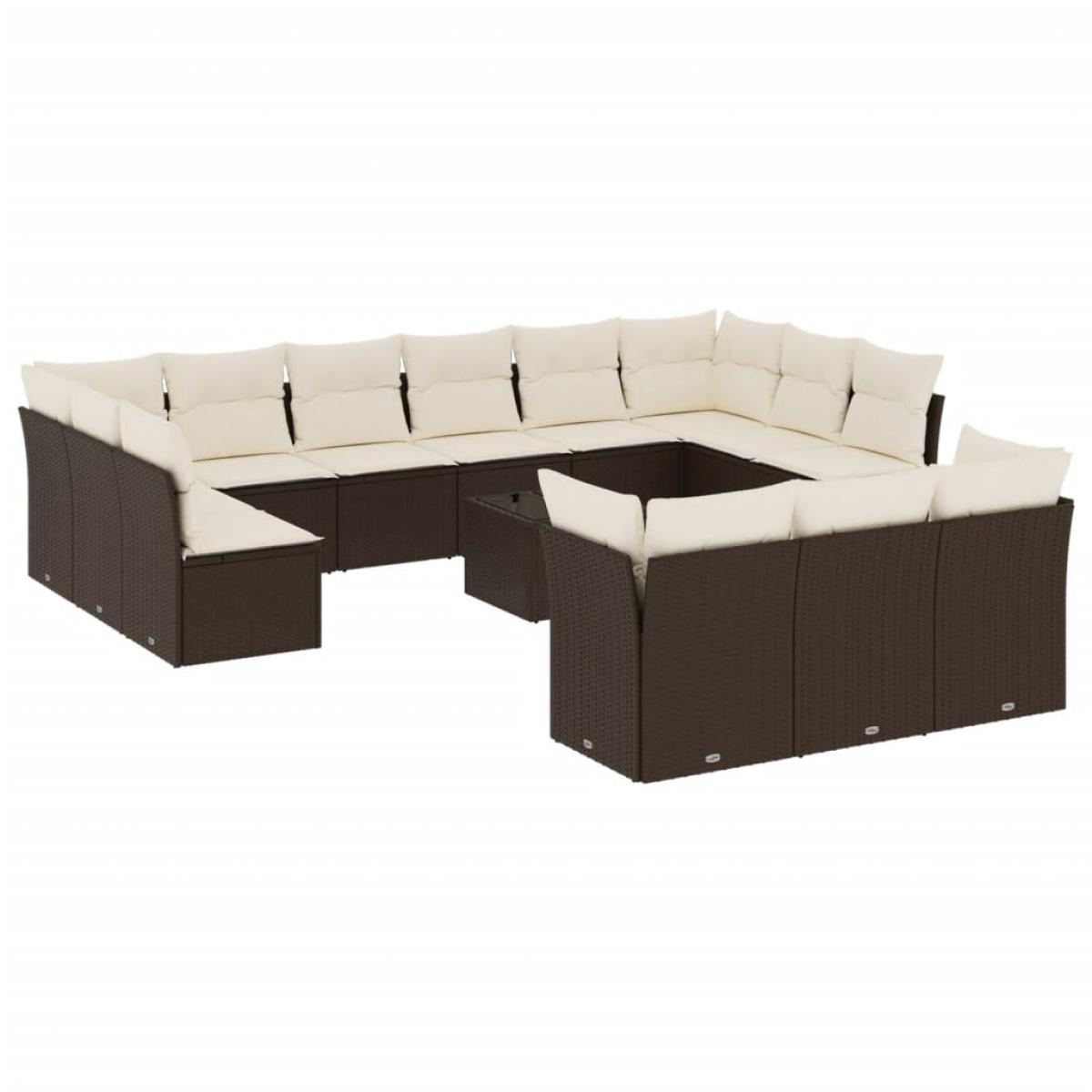 Set sofás de jardín 14 pzas con cojines ratán sintético marrón
