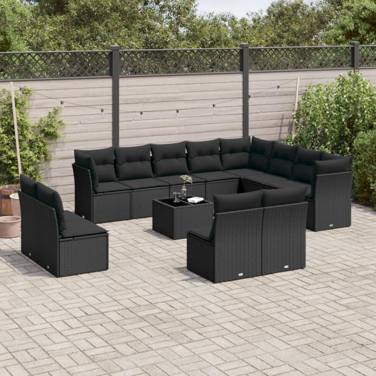 Set de sofás de jardín y cojines 13 pzas ratán sintético negro
