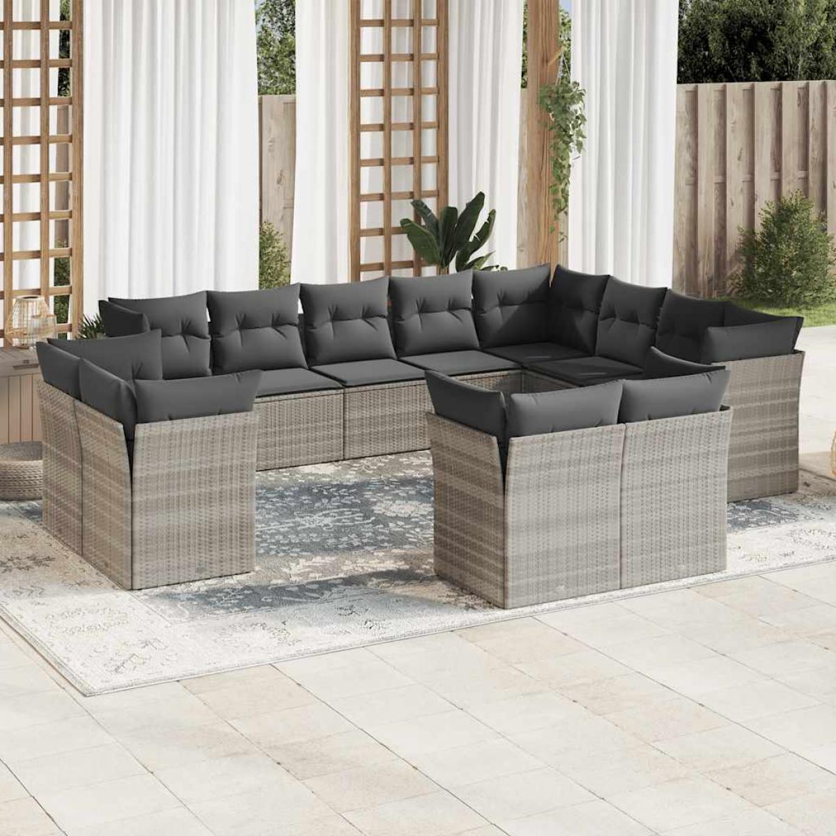 Set de sofás de jardín 12 pzas y cojines ratán sintético gris
