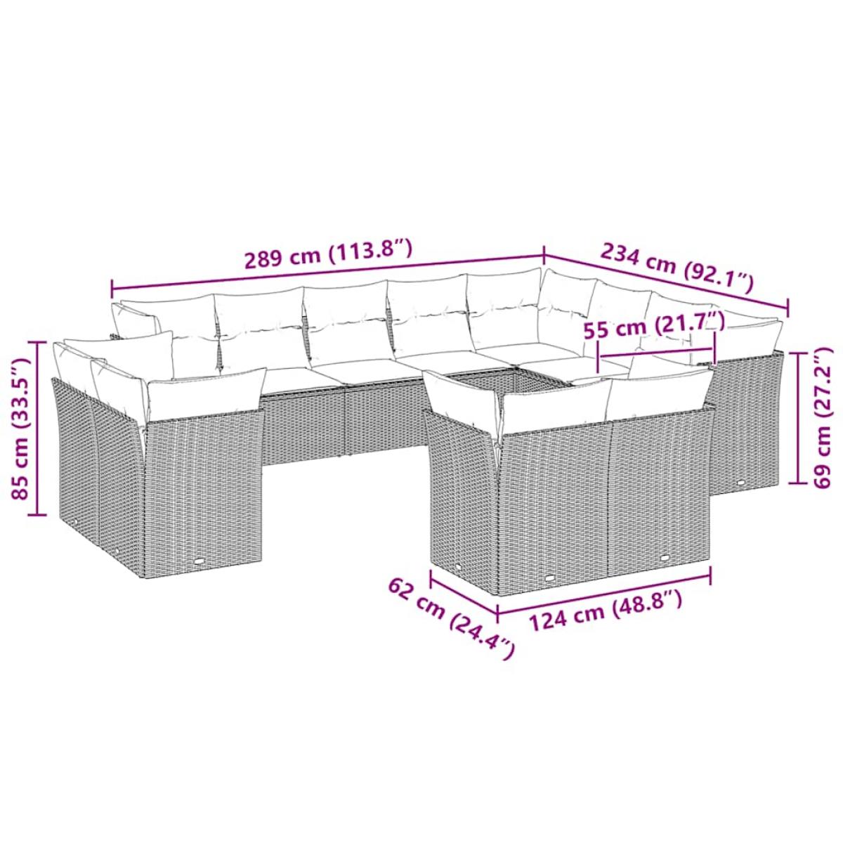 Set de sofás de jardín 12 pzas y cojines ratán sintético gris