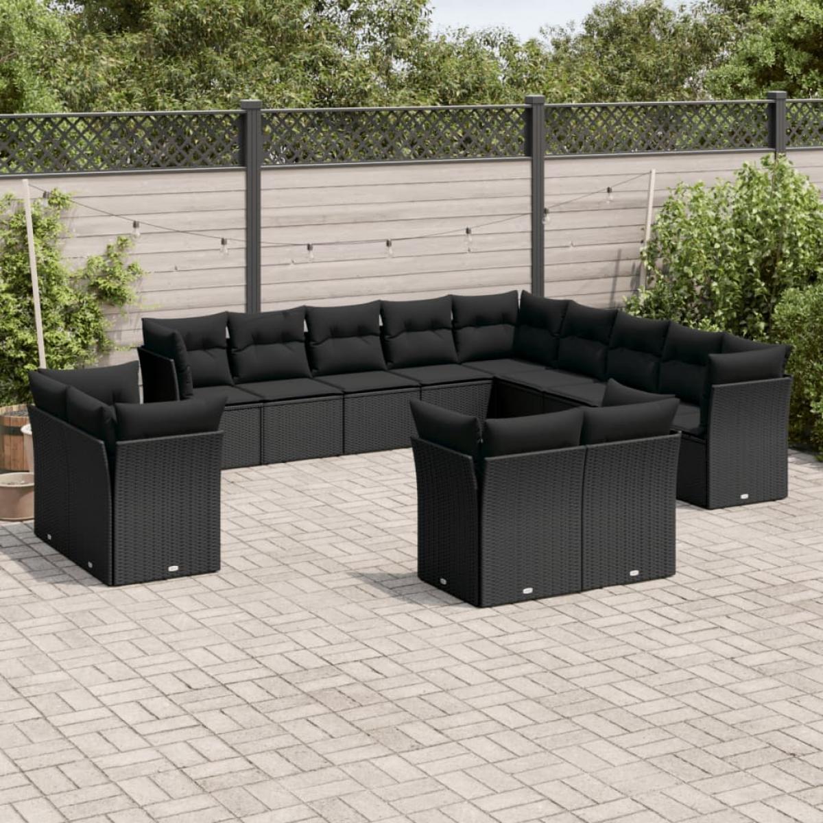 Set de sofás de jardín y cojines 13 pzas ratán sintético negro