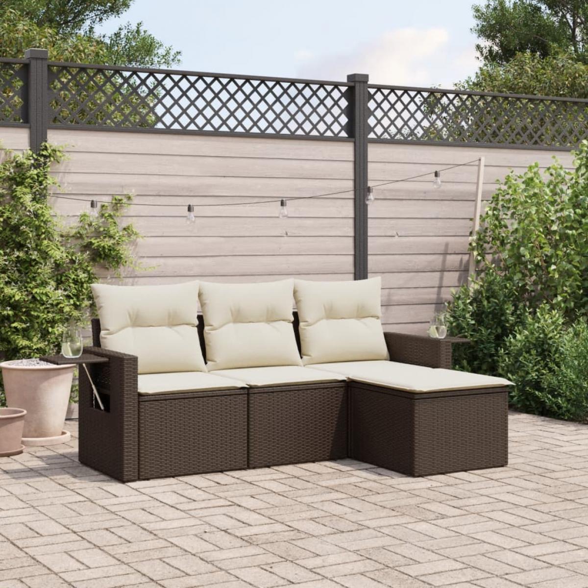 Set de sofás de jardín 4 pzas y cojines ratán sintético marrón