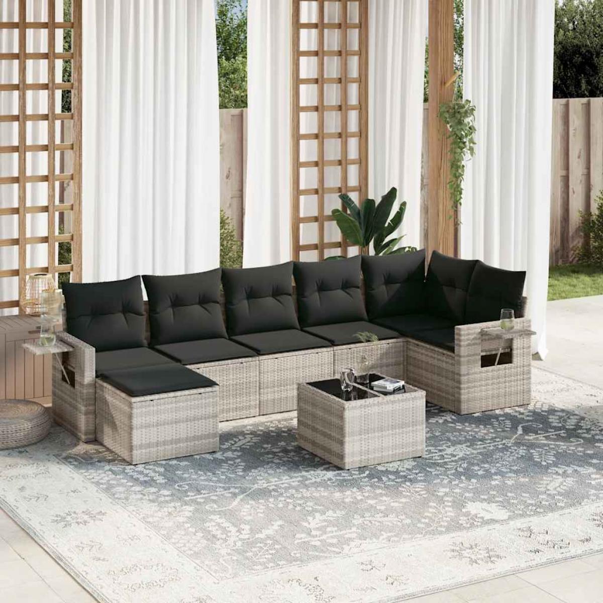 Set de sofás de jardín 8 pzas y cojines ratán sintético gris