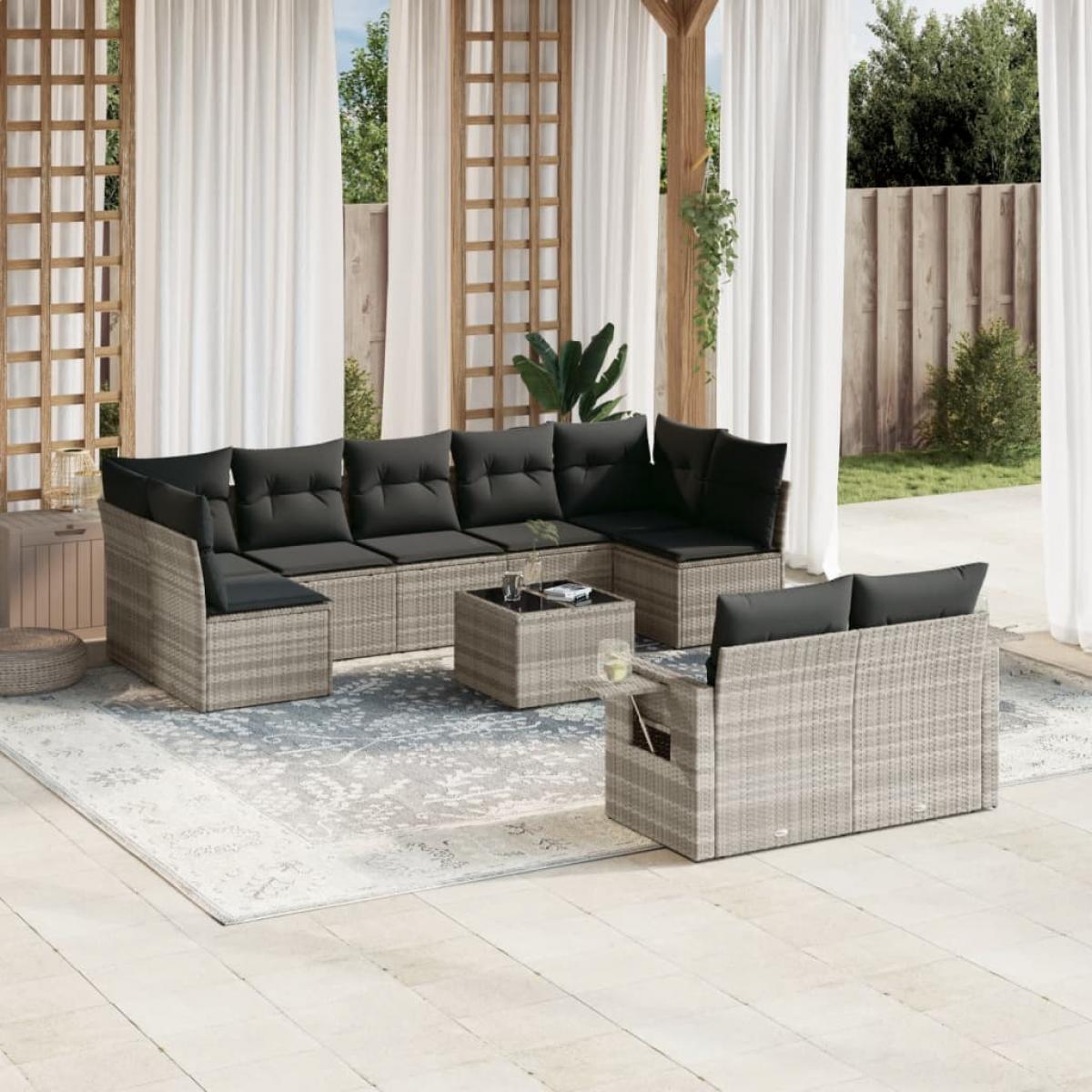 Set sofás jardín 10 pzas con cojines ratán sintético gris claro