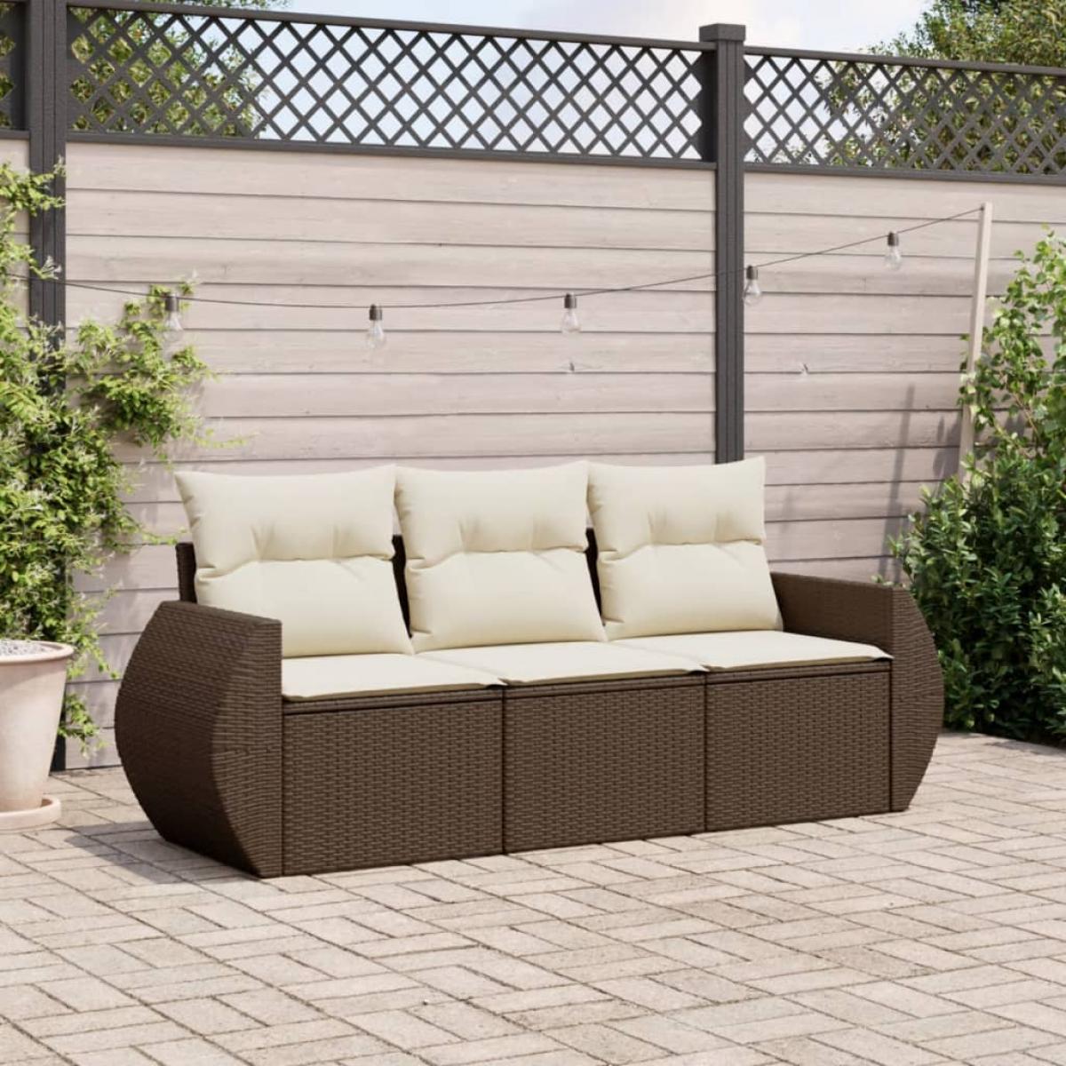 Set muebles de jardín 3 piezas y cojines ratán sintético marrón