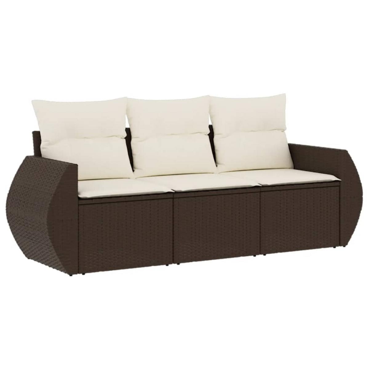 Set muebles de jardín 3 piezas y cojines ratán sintético marrón