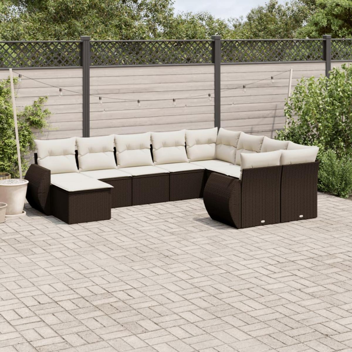 Set de sofás de jardín 10 pzas y cojines ratán sintético marrón