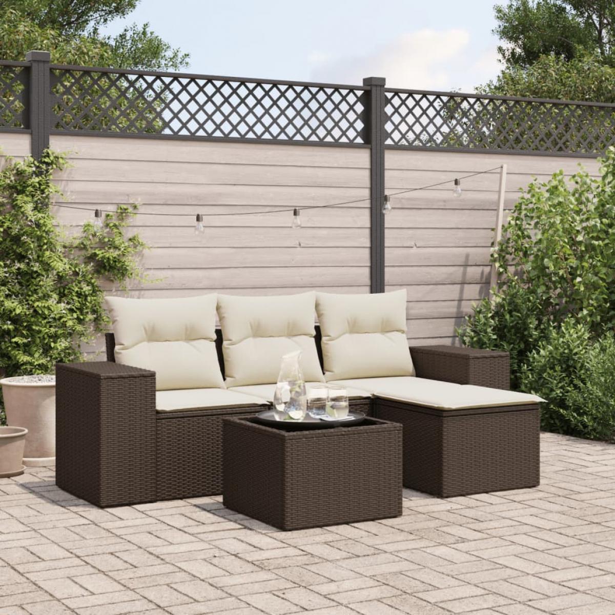 Set comedor de jardín 5 piezas y cojines ratán sintético marrón