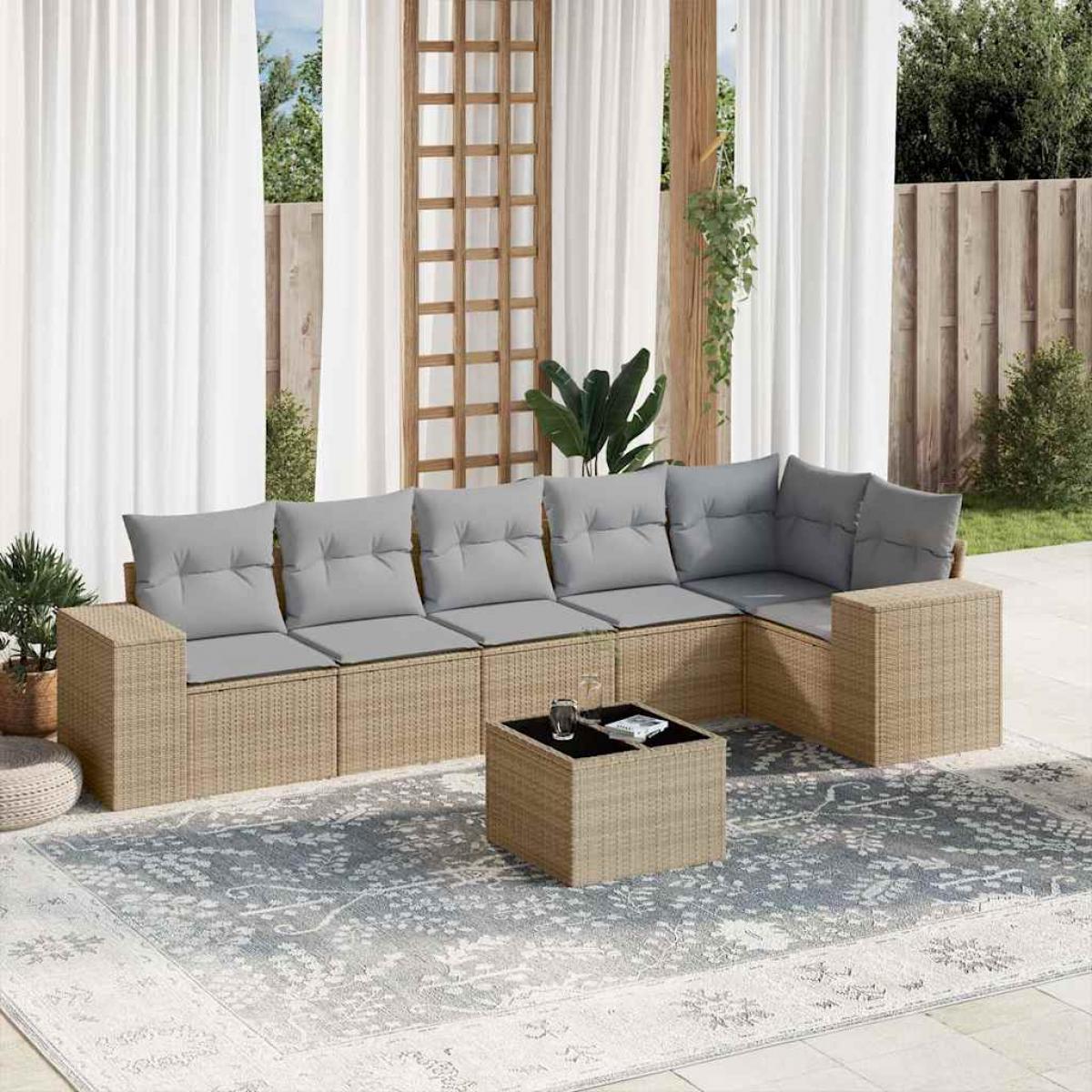 Set sofás de jardín 7 piezas y cojines ratán sintético beige