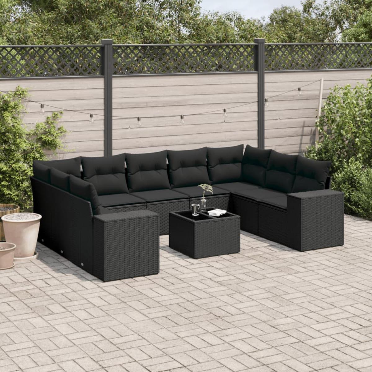 Set de sofás de jardín 10 pzas cojines ratán sintético negro