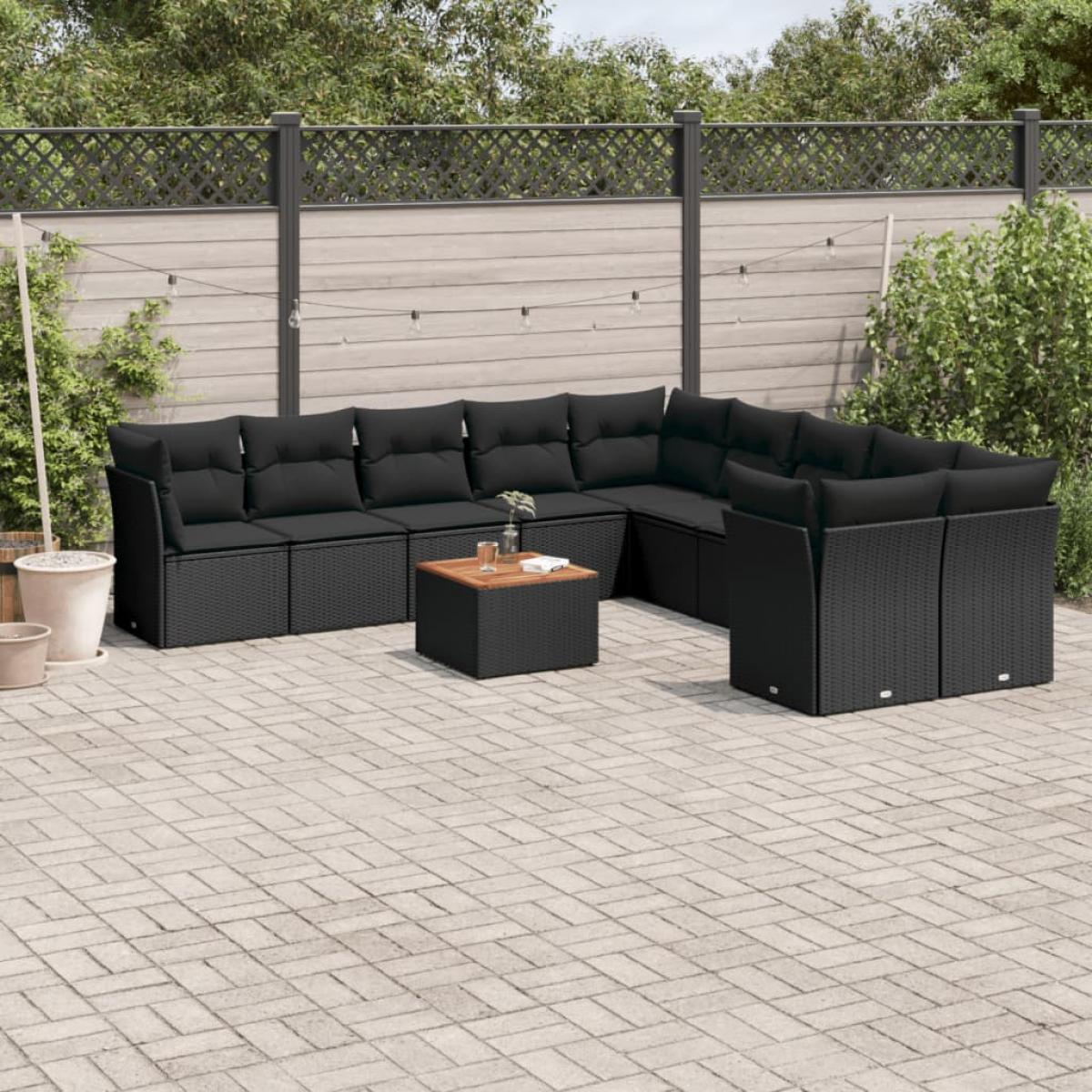 Set de sofás de jardín 11 pzas y cojines ratán sintético negro