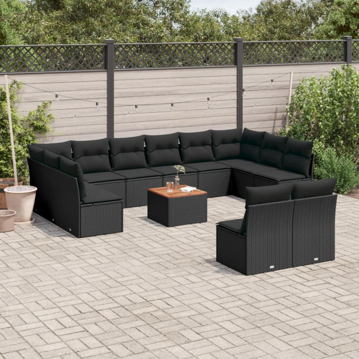Set de sofás de jardín y cojines 13 pzas ratán sintético negro