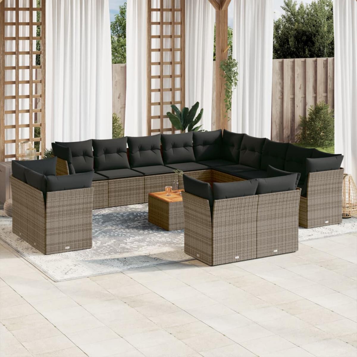 Set de sofás de jardín 14 pzas con cojines ratán sintético gris