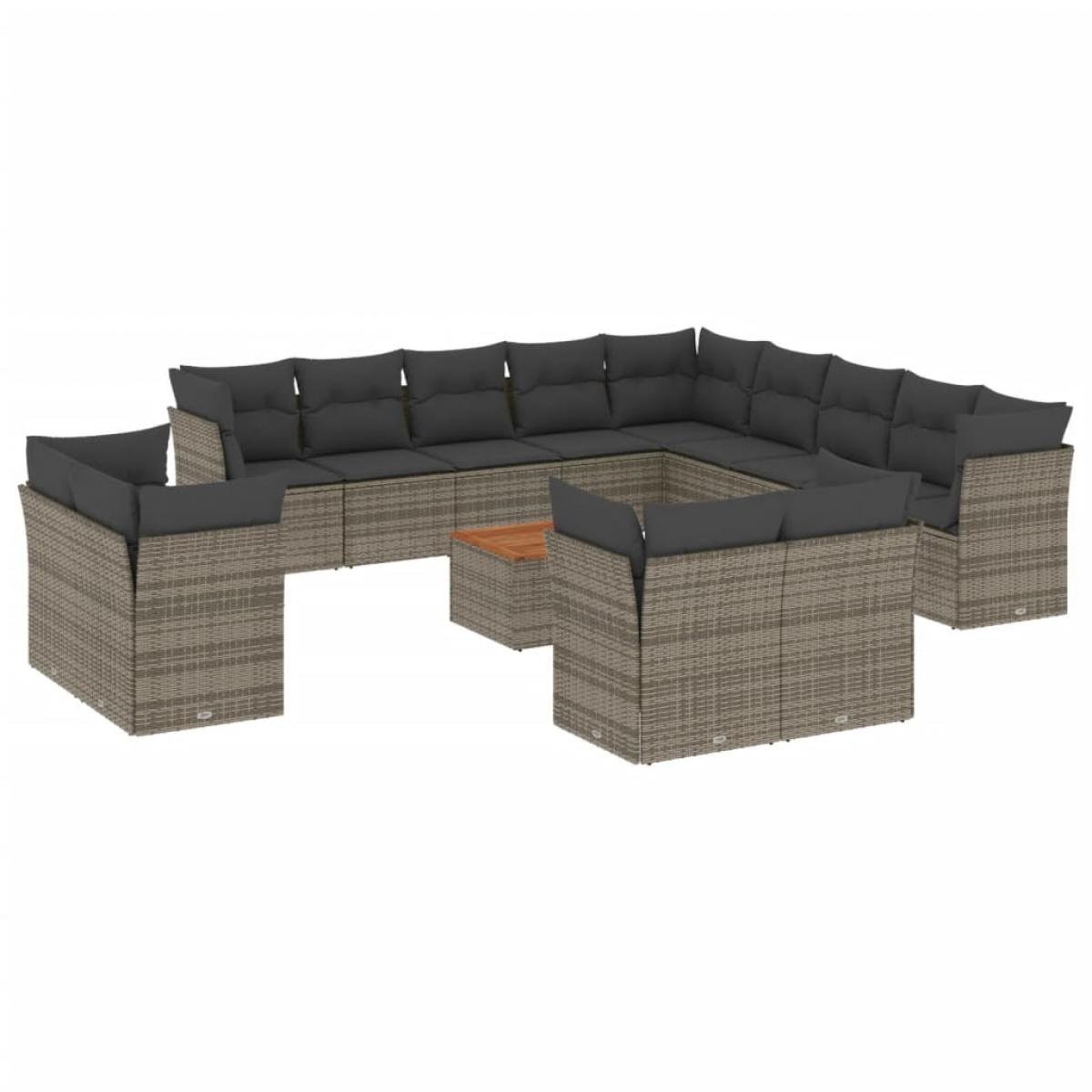 Set de sofás de jardín 14 pzas con cojines ratán sintético gris