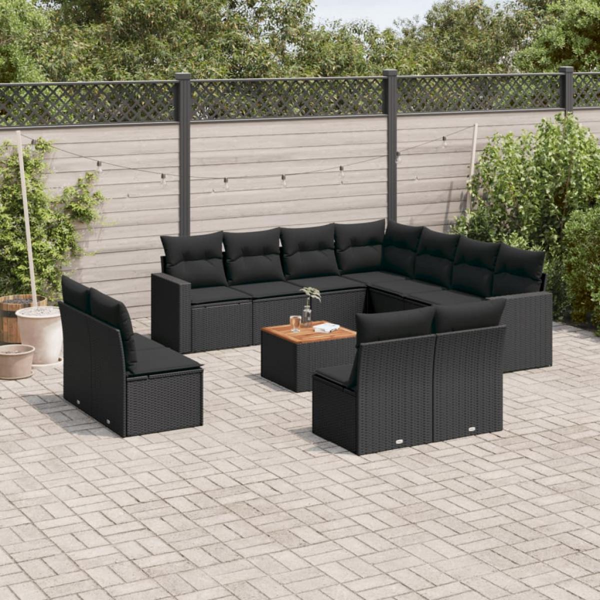 Set de sofás de jardín 12 piezas cojines ratán sintético negro