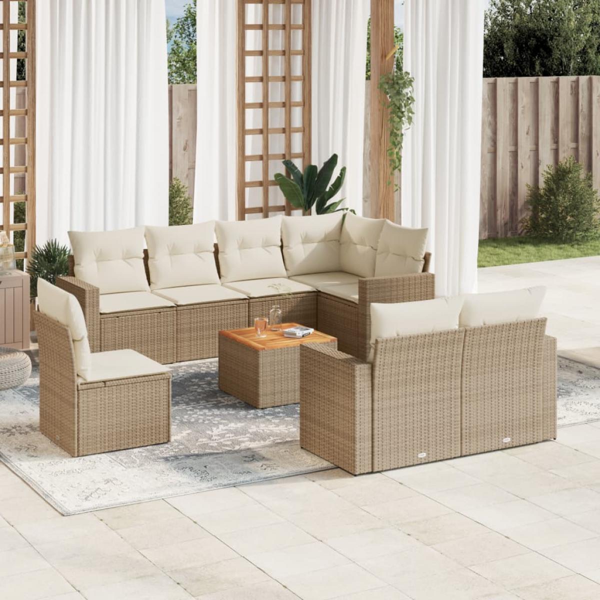 Set de sofás de jardín 9 pzas con cojines ratán sintético beige