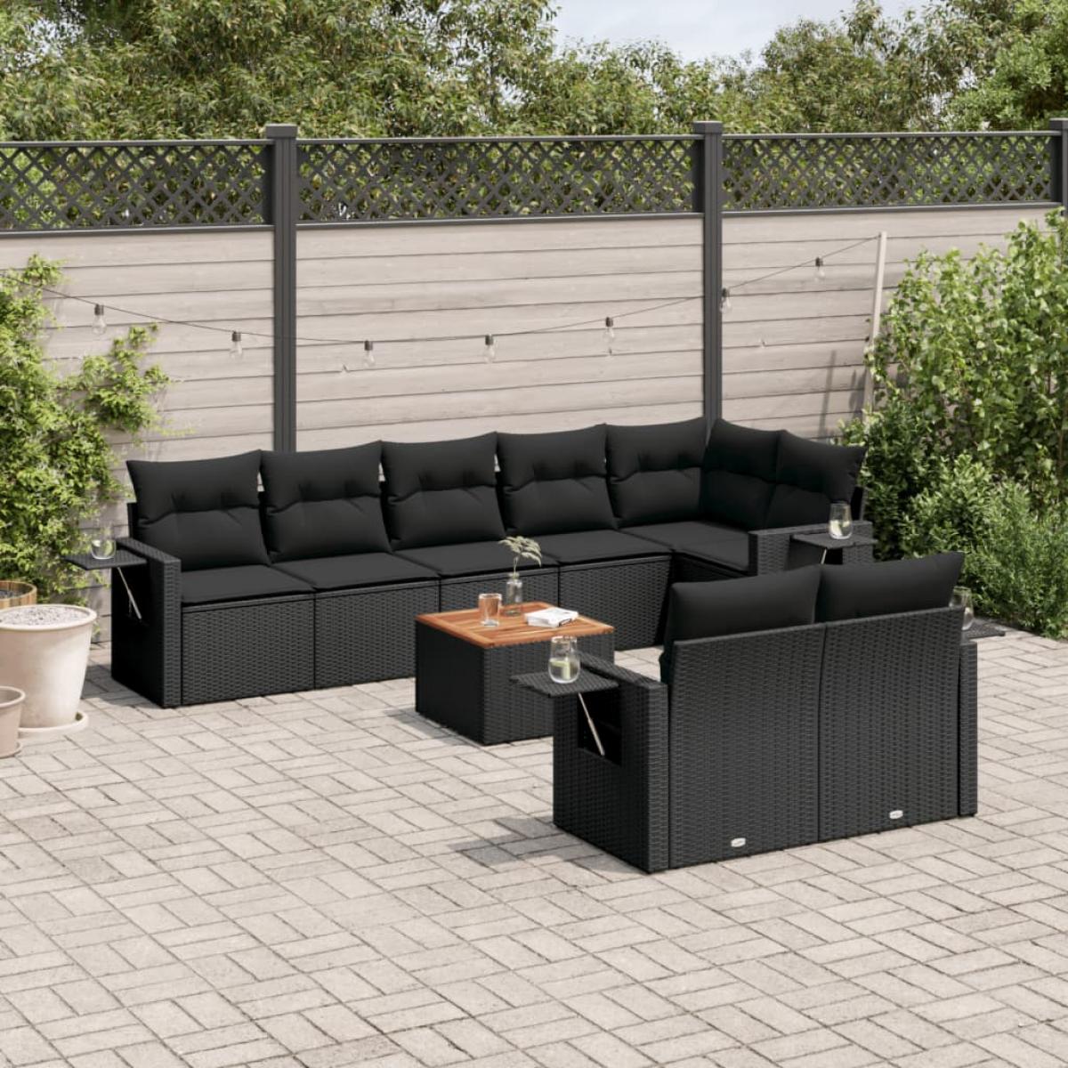 Set de sofás de jardín 8 piezas y cojines ratán sintético negro