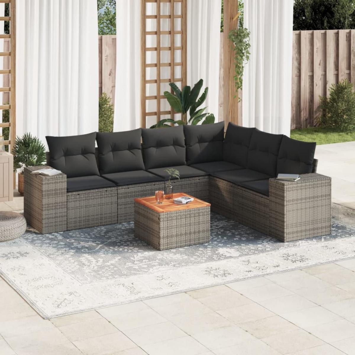 Set de sofás de jardín 7 piezas con cojines ratán PE gris