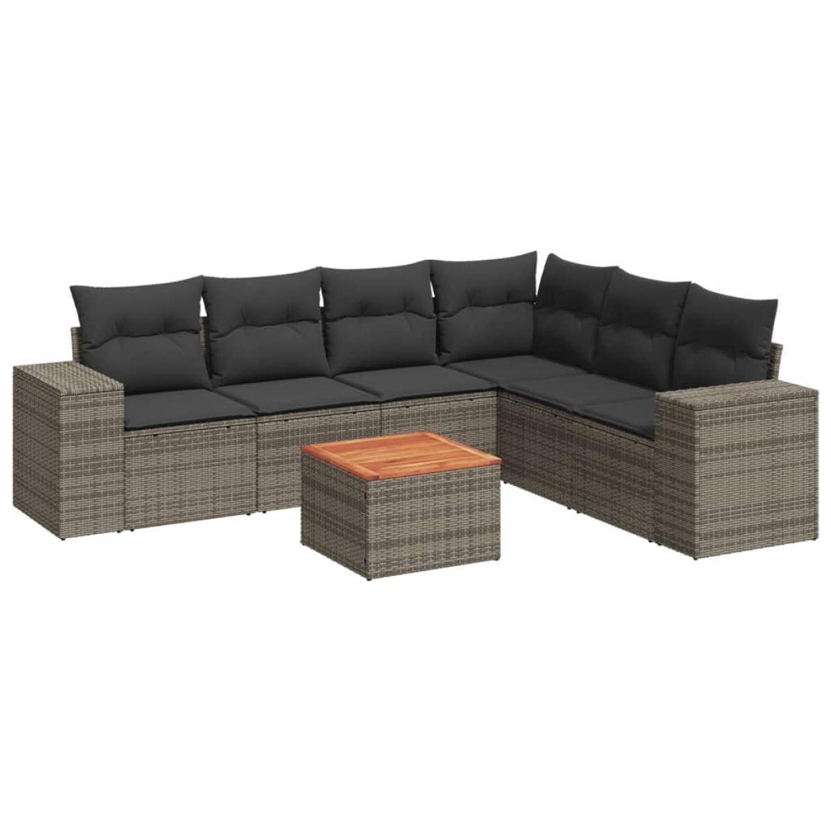 Set de sofás de jardín 7 piezas con cojines ratán PE gris