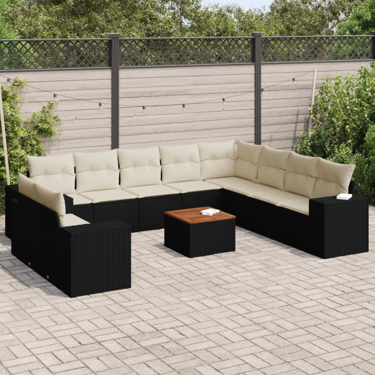 Set de sofás de jardín 11 pzas y cojines ratán sintético negro