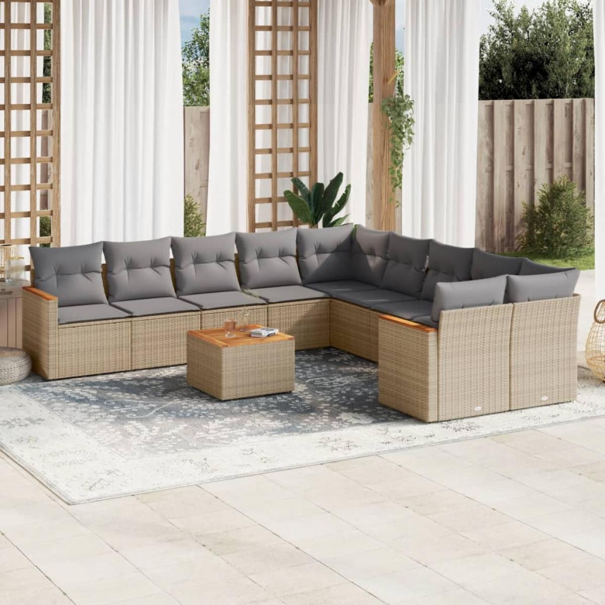 Juego de sofás jardín con cojines beige mezcla 11 pzas ratán PE