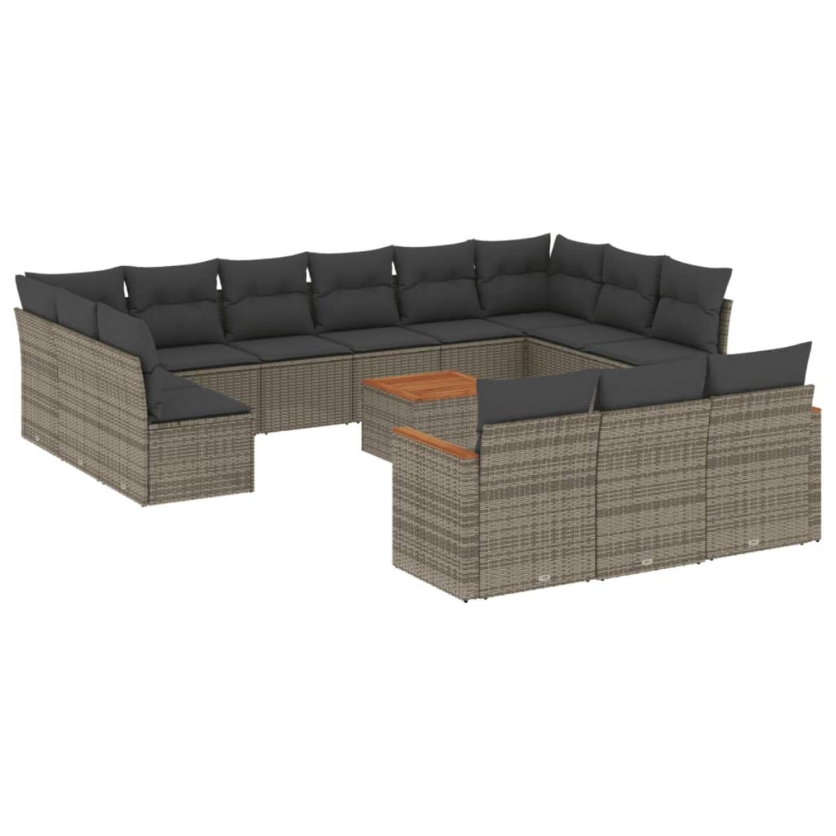 Set de sofás de jardín 14 pzas con cojines ratán sintético gris