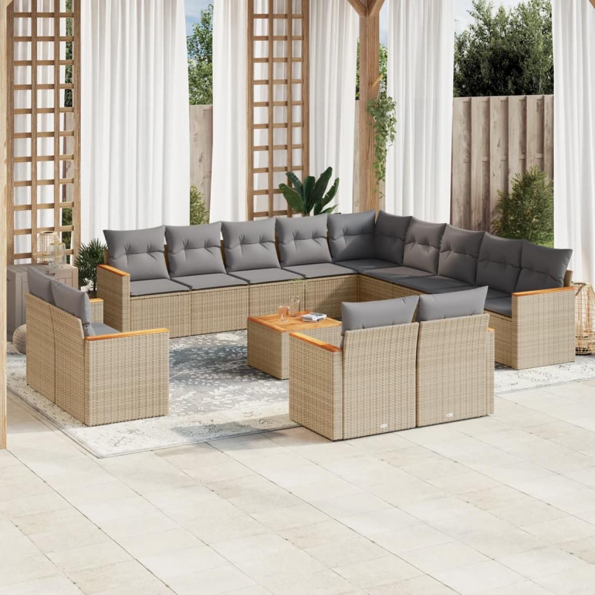 Set sofás jardín 14 pzas y cojines ratán sintético beige mezcla