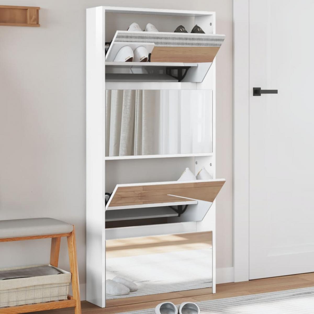 Mueble zapatero con espejo 4 niveles blanco brillo 63x17x134 cm