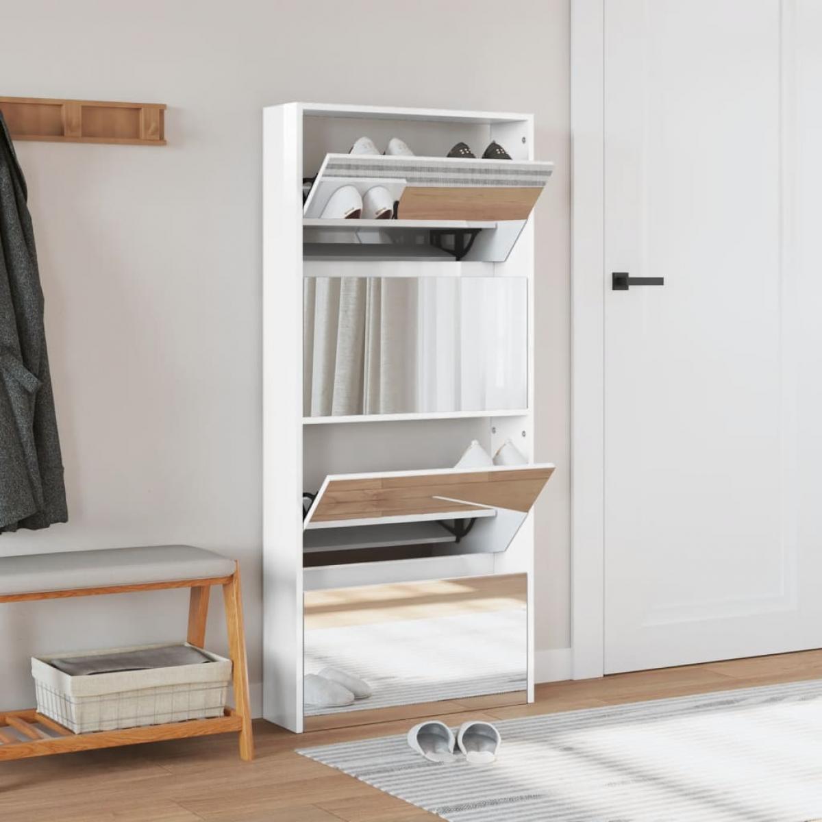 Mueble zapatero con espejo 4 niveles blanco brillo 63x17x134 cm