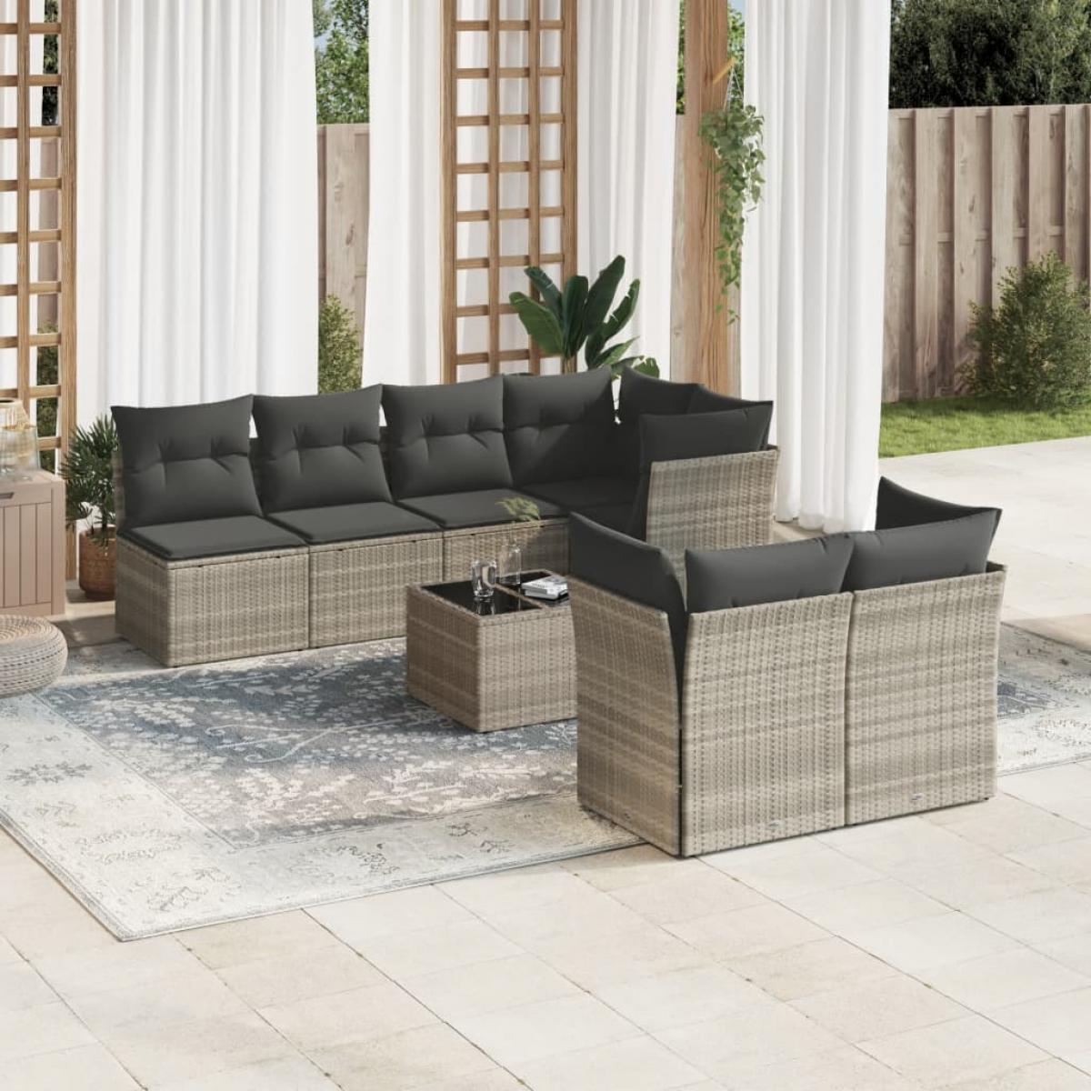 Set de sofás de jardín 8 pzas y cojines ratán sintético gris