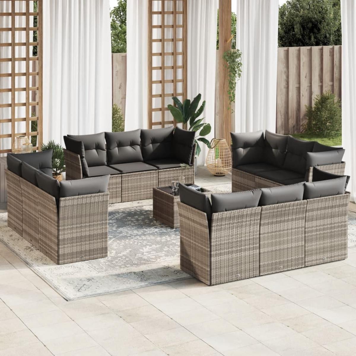 Set sofás de jardín con cojines 13 piezas ratán sintético gris