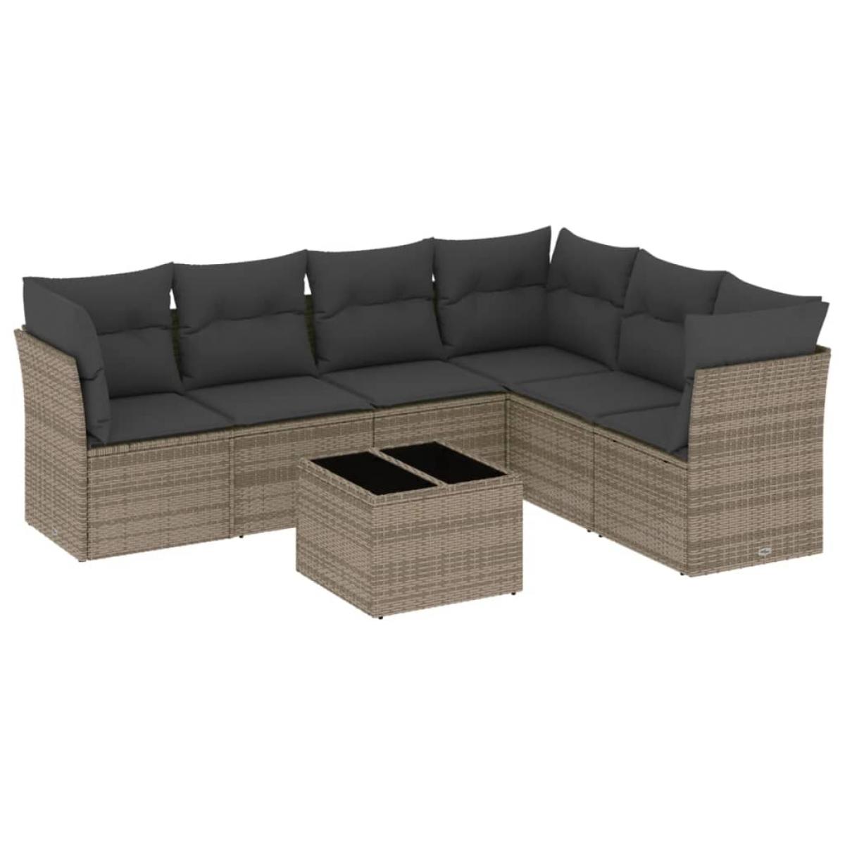Set de sofás de jardín 7 piezas con cojines ratán PE gris