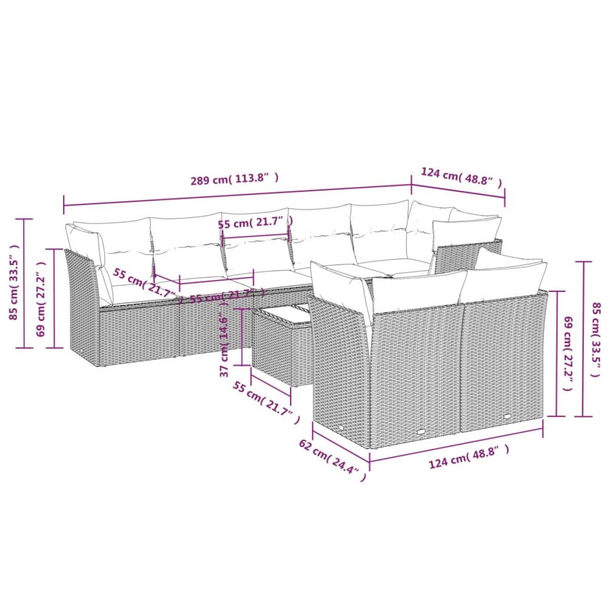 Set muebles jardín 9 pzas y cojines ratán sintético gris claro