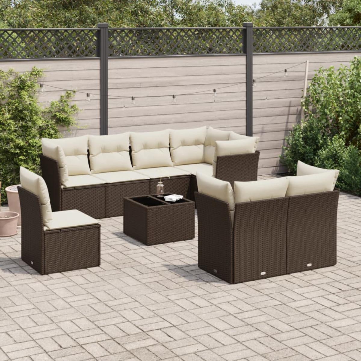 Set de sofás de jardín 9 pzas y cojines ratán sintético marrón