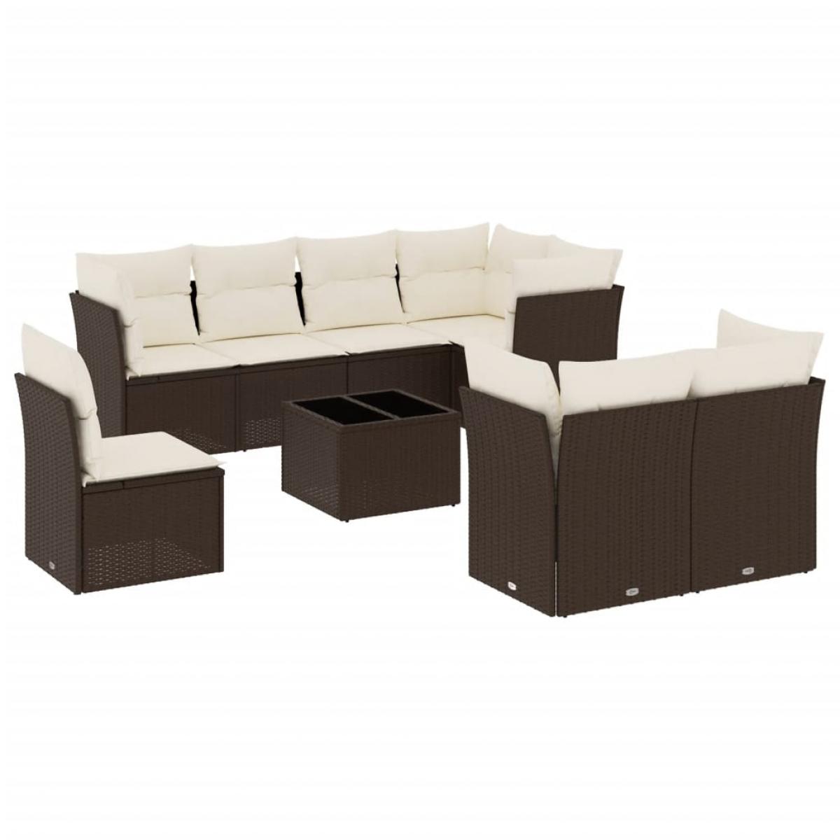 Set de sofás de jardín 9 pzas y cojines ratán sintético marrón