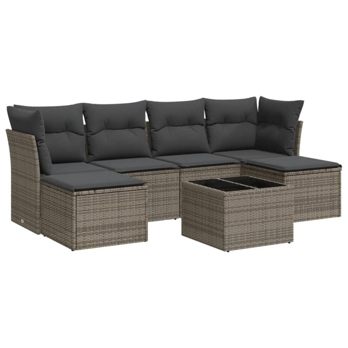 Set de sofás de jardín 7 piezas con cojines ratán PE gris