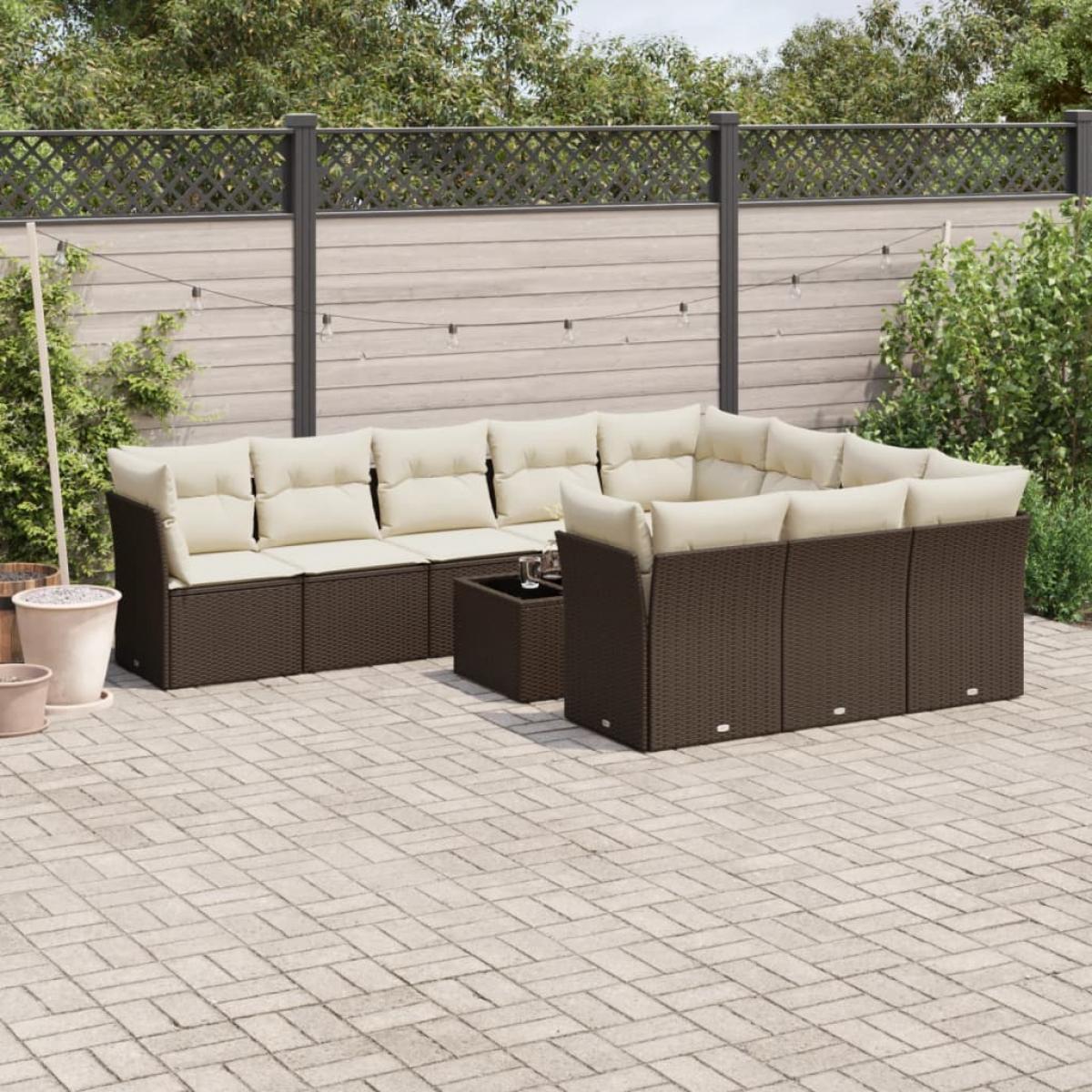 Set de sofás de jardín 11 pzas cojines ratán sintético marrón