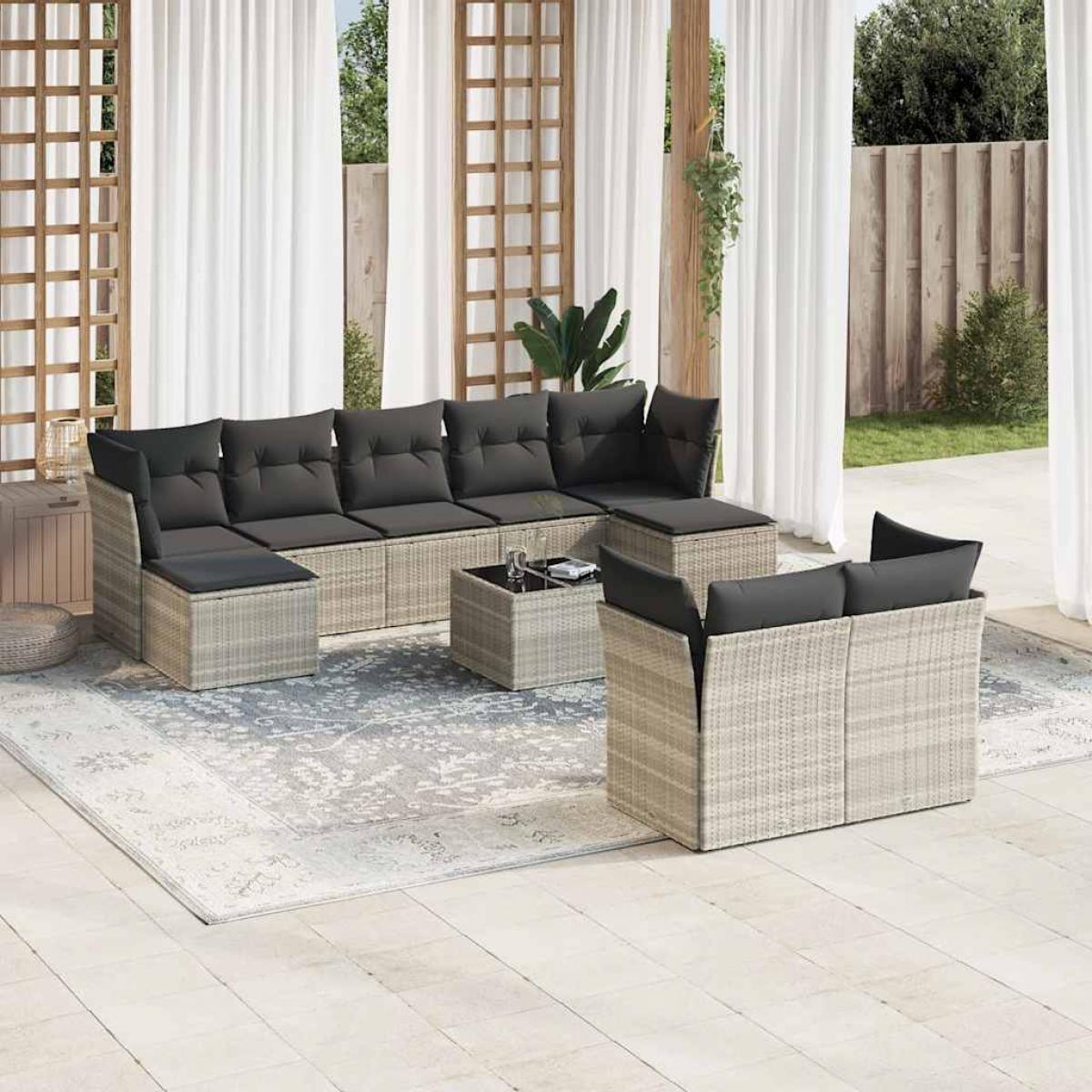 Set sofás jardín 10 pzas con cojines ratán sintético gris claro