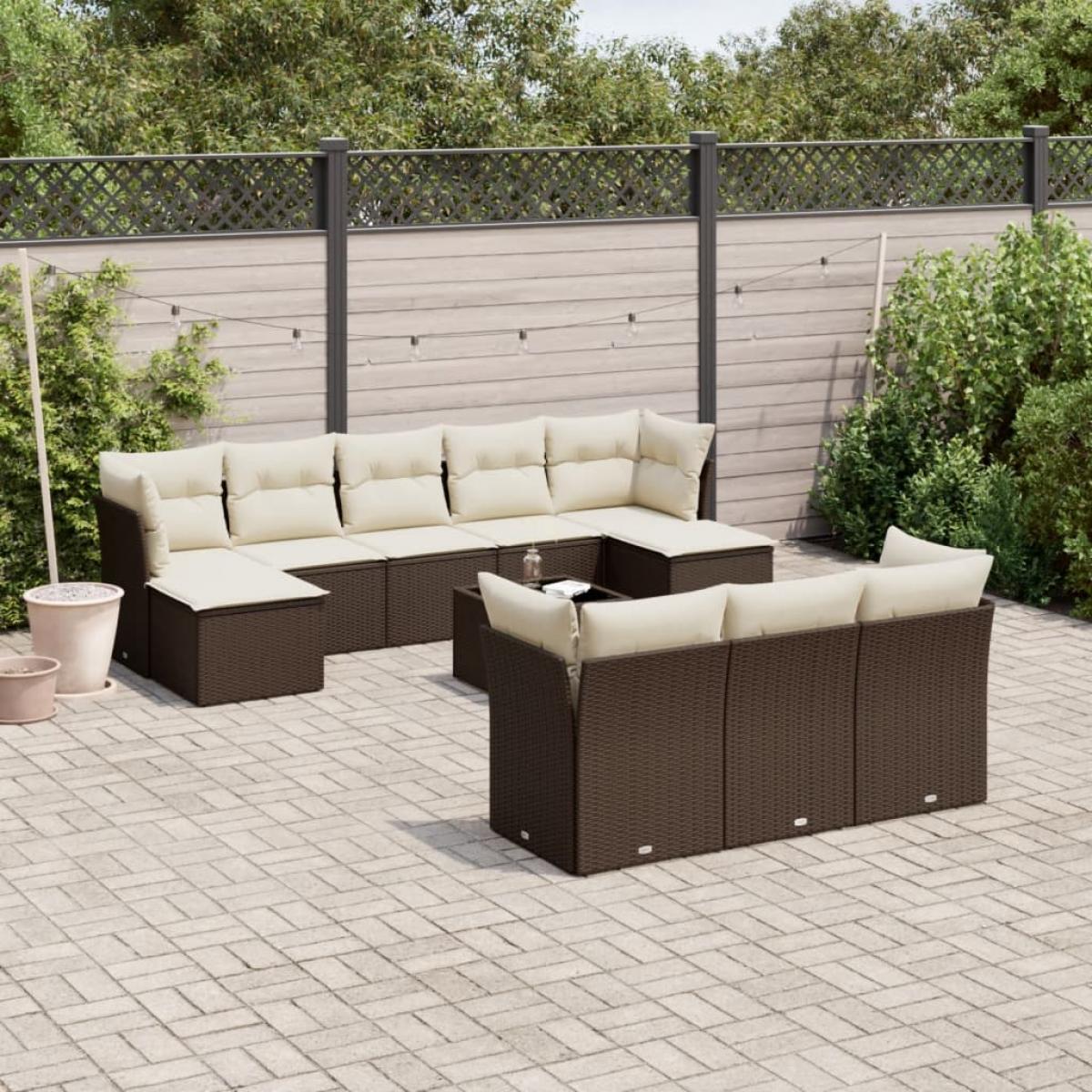 Set de sofás de jardín 11 pzas cojines ratán sintético marrón