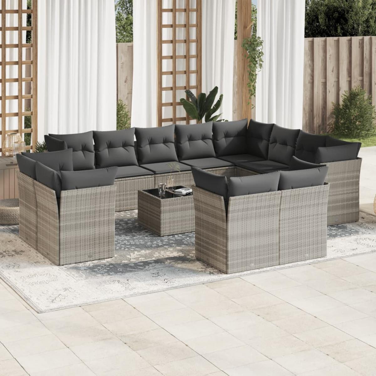 Set sofás de jardín con cojines 13 piezas ratán sintético gris