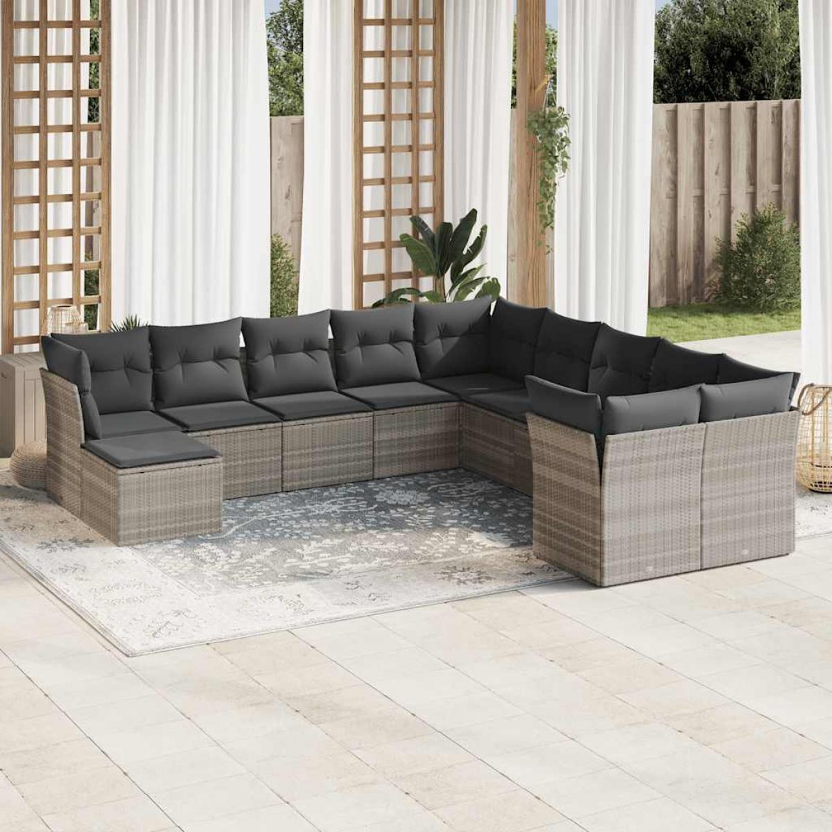 Set de sofás de jardín 11 pzas y cojines ratán sintético gris