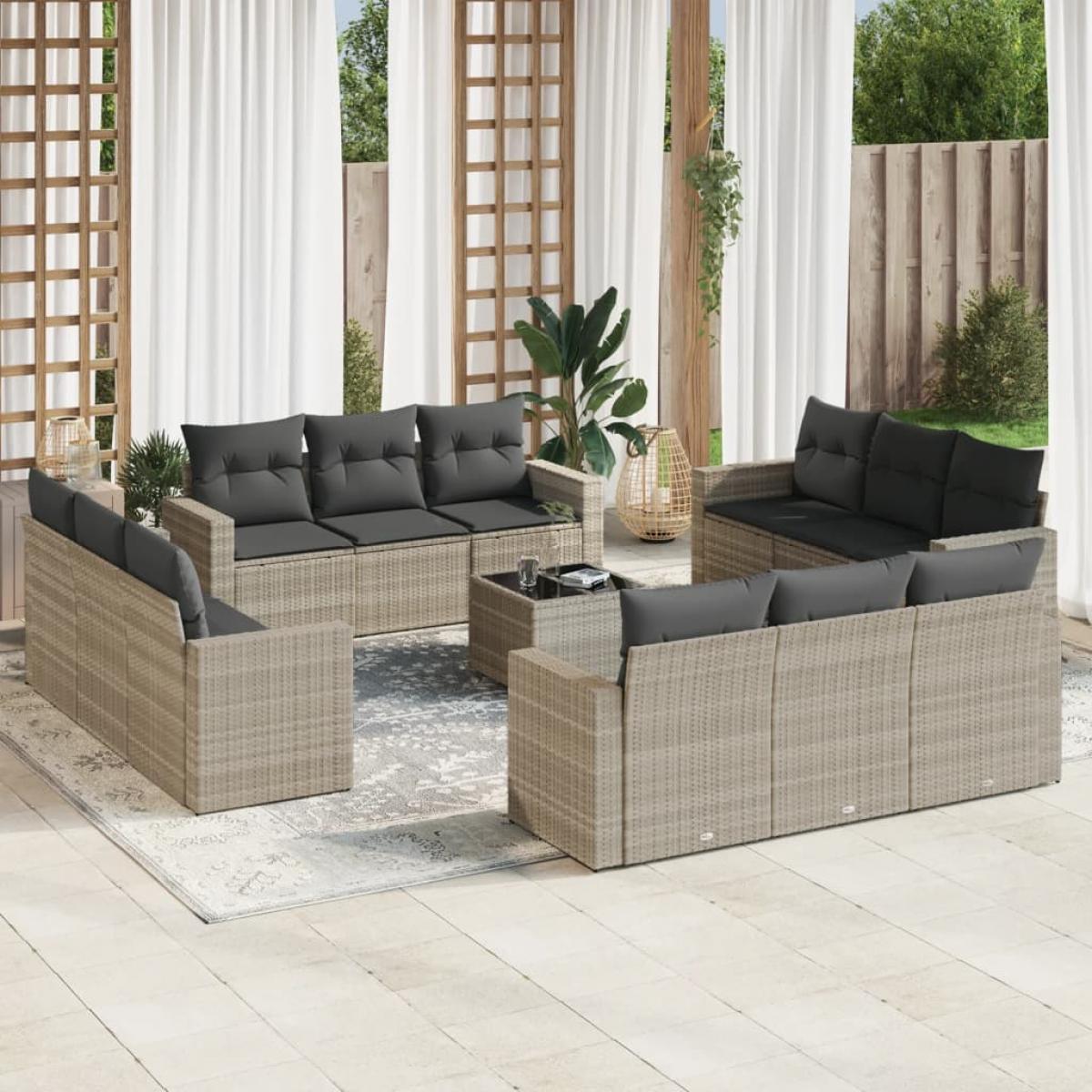 Set sofás de jardín con cojines 13 piezas ratán sintético gris