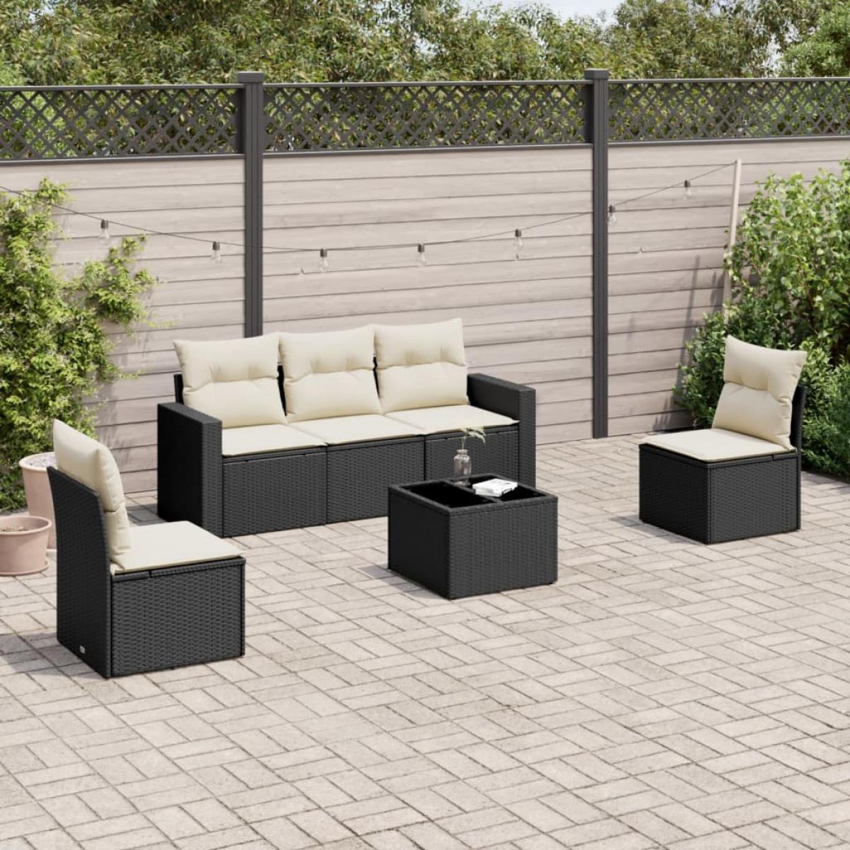 Set muebles de jardín 6 piezas y cojines ratán sintético negro