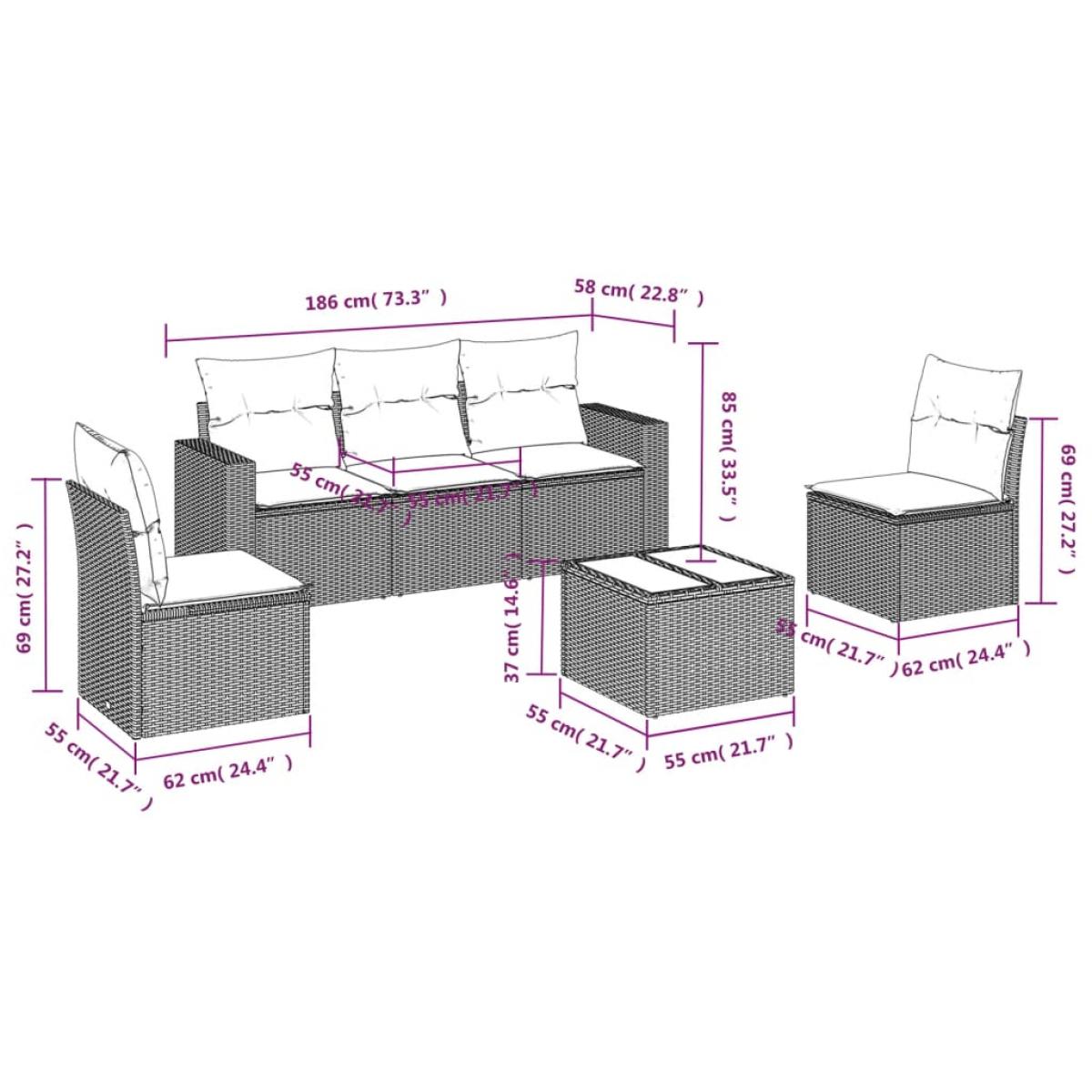 Set muebles de jardín 6 piezas y cojines ratán sintético negro