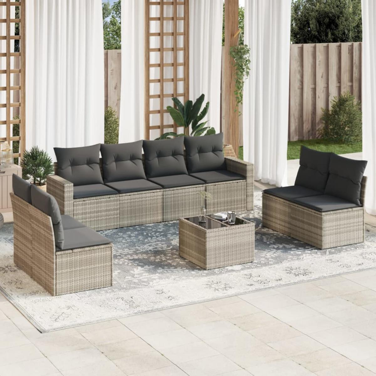 Set de muebles de jardín 9 pzas y cojines ratán sintético gris