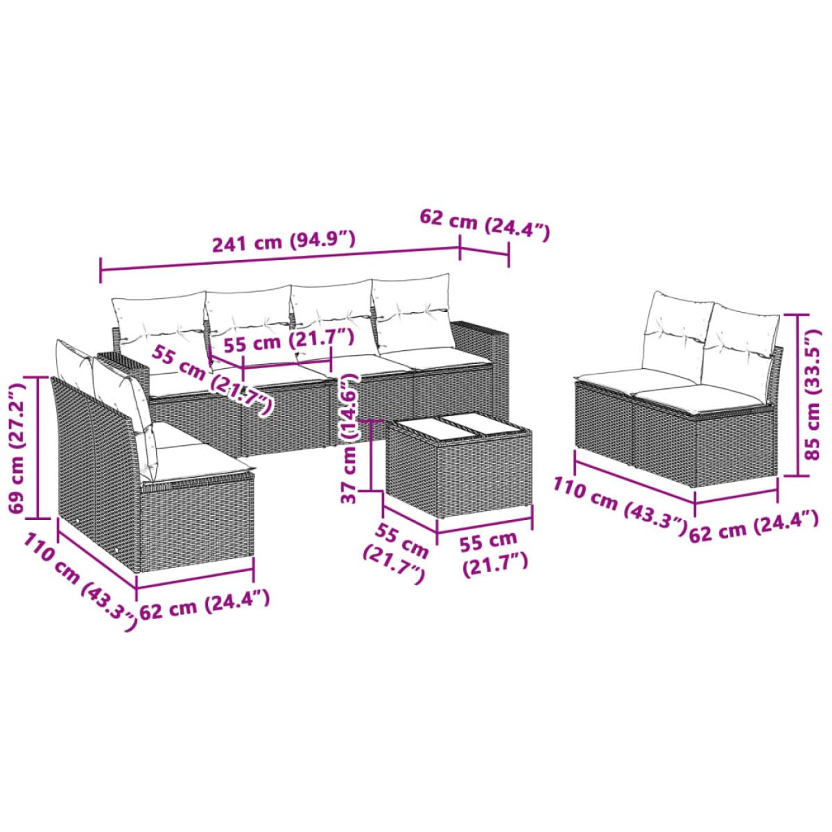 Set de muebles de jardín 9 pzas y cojines ratán sintético gris
