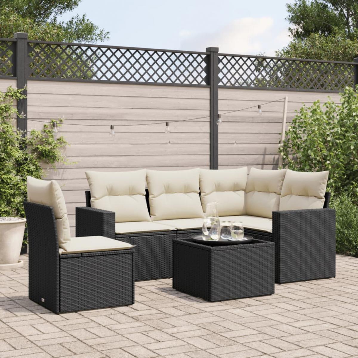 Set muebles de jardín 6 piezas y cojines ratán sintético negro